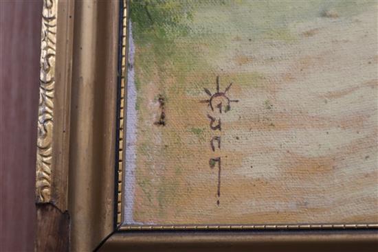 Indian School, oil on canvas, Indian Street scene, indistinctly signed, 66 x 122cm